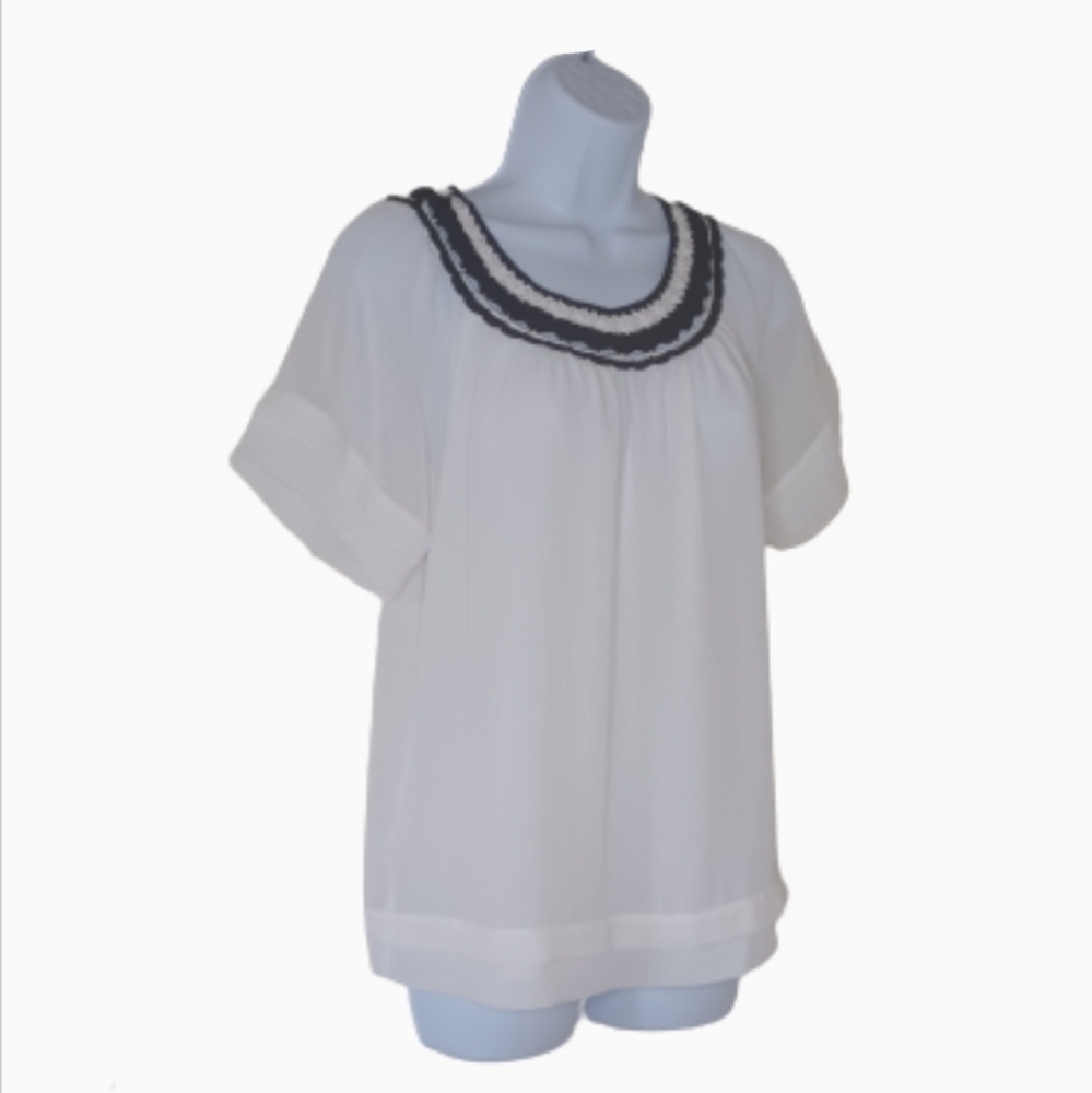 Dana Buchman Cream/Black Deauville Chic Crochet Collar Blouse, sz 4